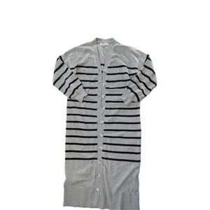 LOFT Striped Longline Cardigan Sweater Women's Medium Gray Black Button Front